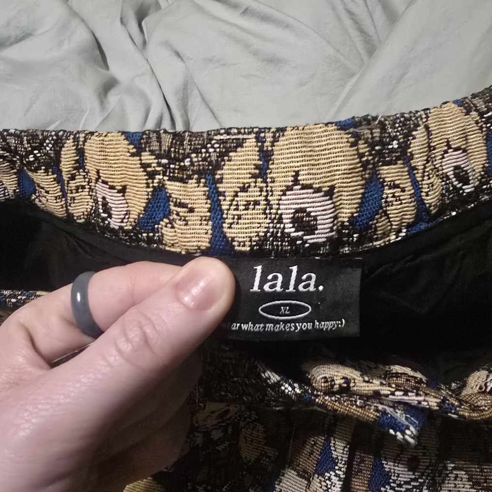 Dressed in LALA Navy and Tan Bear Jacquard Wide Leg Pants - Picture 4 of 7